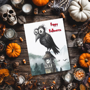 Gothic Black Crow & Tower Spooky Halloween Party Postcard