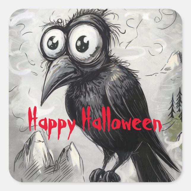 Gothic Black Crow & Tower Spooky Halloween Square Sticker (Front)