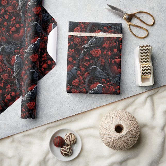 Gothic Black Crows and Red Roses  Wrapping Paper (Crafts)
