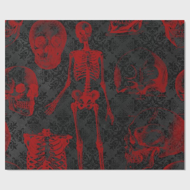 Gothic Black Damask Crimson skeletons Wrapping Paper (Flat)