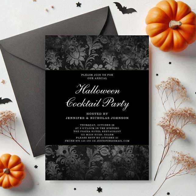 Gothic Black Damask Halloween Cocktail Party Invitation (Gothic Black Damask Halloween Cocktail Party Invitation)