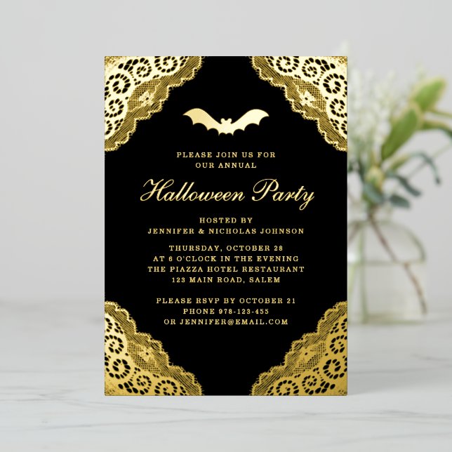 Gothic Black Damask Halloween Party Gold Foil Invi (Standing Front)