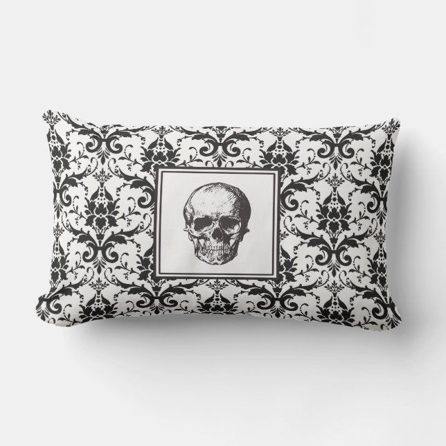 Gothic Black Damask Pattern Skull Halloween Outdoor Cushion (Front)
