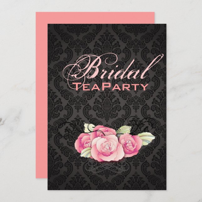 Gothic Black damask pink rose bridal shower Invitation (Front/Back)