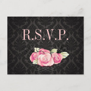 Gothic Black damask pink rose bridal shower Invitation Postcard