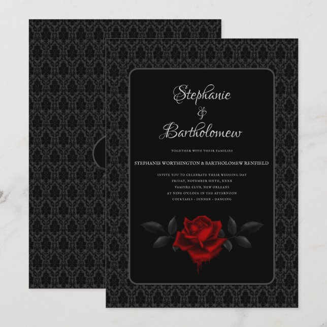 Gothic Black Damask Rose Wedding Invitation (Front/Back)