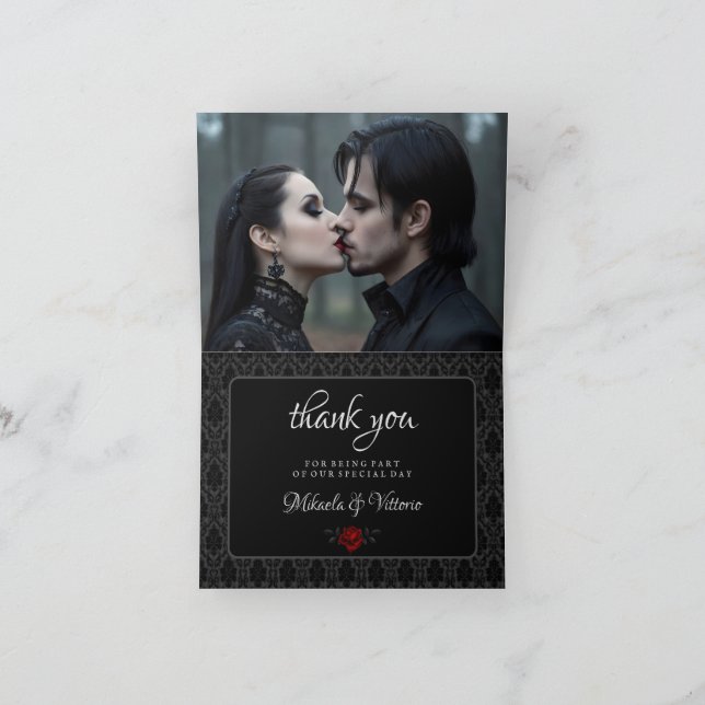 Gothic Black Damask Rose Wedding Thank You Card (Inside)