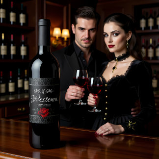 Gothic Black Damask Rose Wedding Wine Label