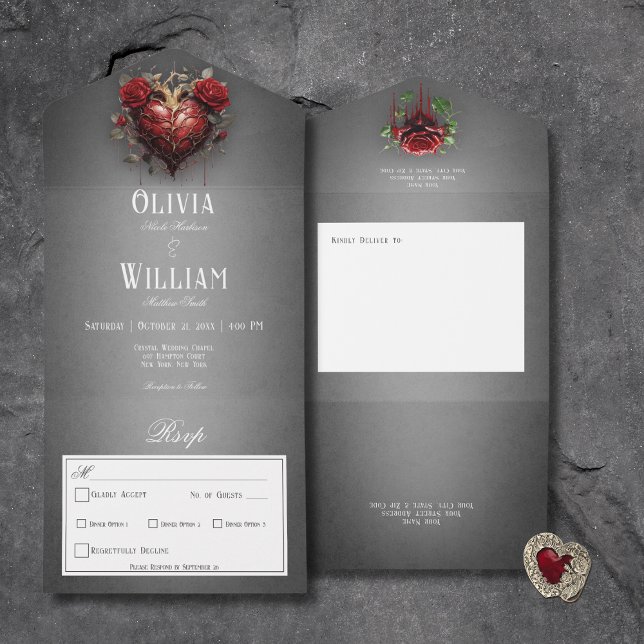 Gothic Black Dark Heart & Red Roses Dinner All In One Invitation (Gothic Black Dark Heart & Red Roses All In One Wedding Invitation with Dinner Options)
