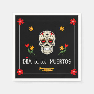 Gothic Black Dia de los Muertos Sugar Skull Flower Napkin