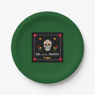 Gothic Black Dia de los Muertos Sugar Skull Flower Paper Plate