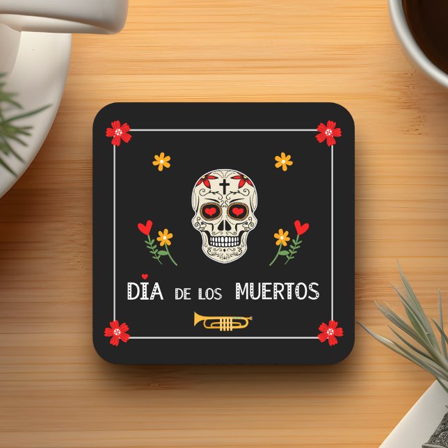 Gothic Black Dia de los Muertos Sugar Skull Flower Square Paper Coaster (Creator Uploaded)