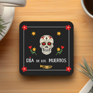 Gothic Black Dia de los Muertos Sugar Skull Flower Square Paper Coaster