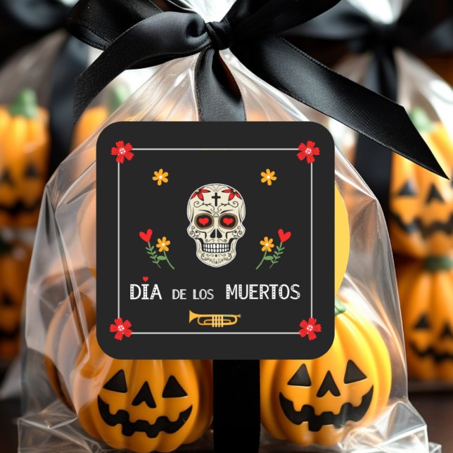 Gothic Black Dia de los Muertos Sugar Skull Flower Square Sticker (Creator Uploaded)