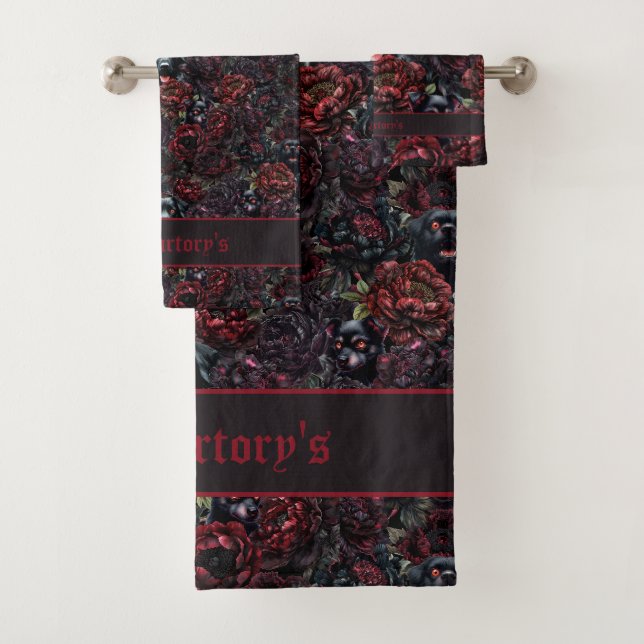 Gothic Black Dog & Dark Flowers Pattern Bath Towel Set (Insitu)