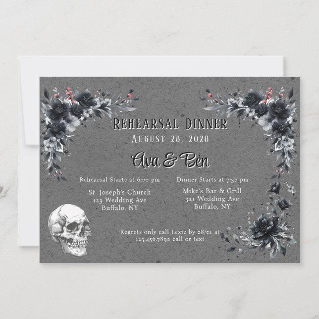 Gothic Black Floral and Skull Rehearsal Dinner Invitation (Front)