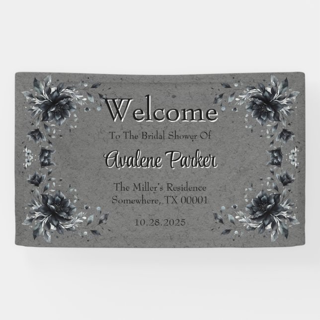 Gothic Black Floral Bridal Shower Welcome Banner (Horizontal)