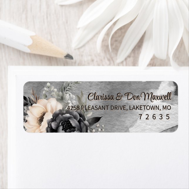 Gothic Black Floral Peony Return Address Label (Insitu)