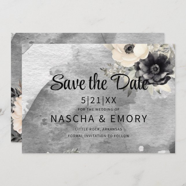 Gothic Black Floral Peony Wedding Save The Date (Front/Back)