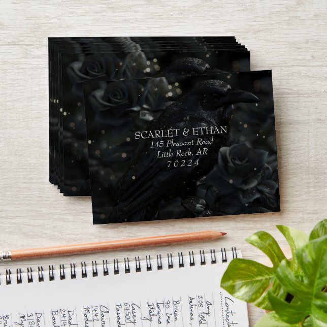 Gothic Black Floral Raven & Rose Wedding Envelope (Stacked)