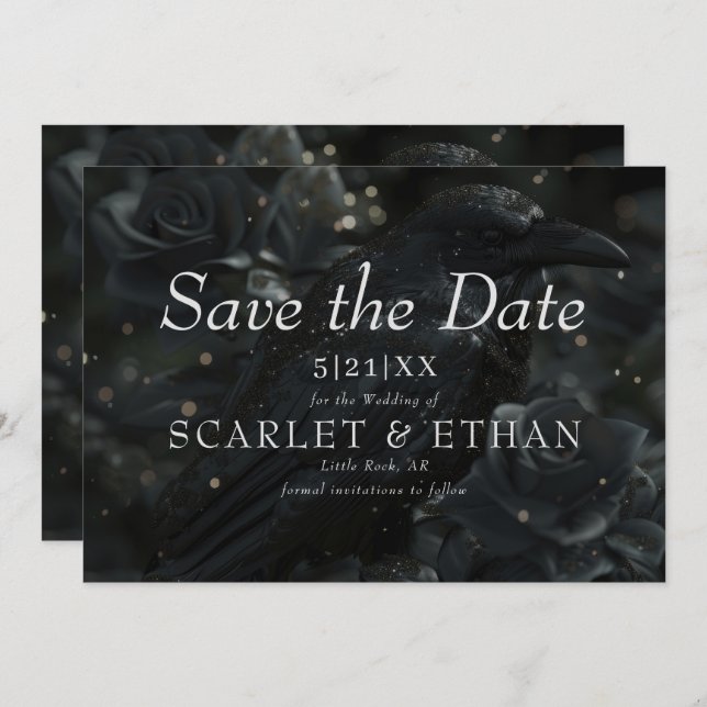 Gothic Black Floral Raven & Rose Wedding Save The Date (Front/Back)
