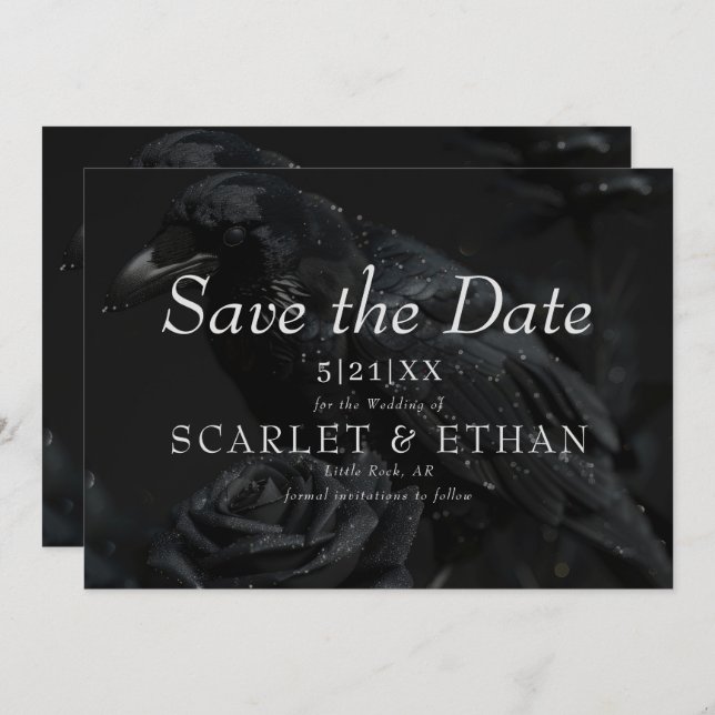 Gothic Black Floral Raven & Rose Wedding Save The Date (Front/Back)