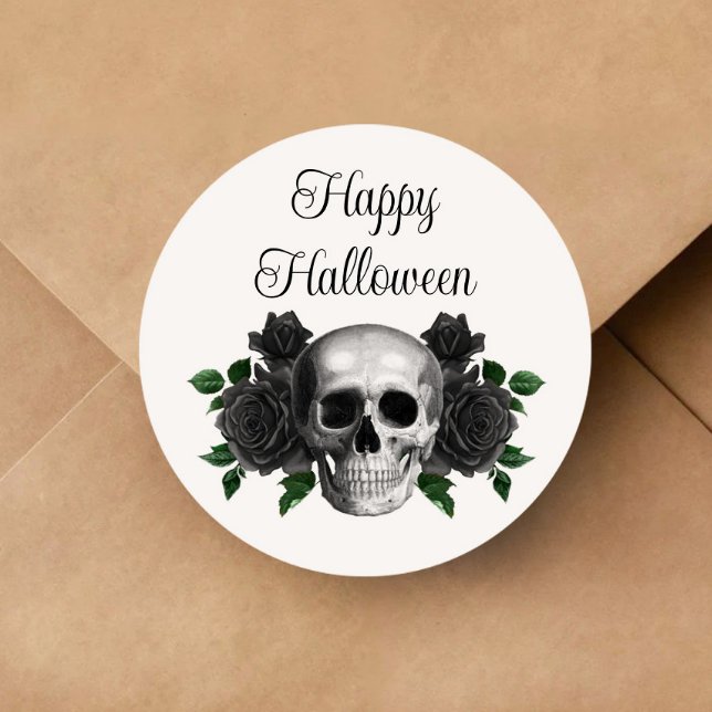 Gothic Black Floral Skull Halloween Classic Round Sticker (Gothic Black Floral Skull Halloween Classic Round Sticker)