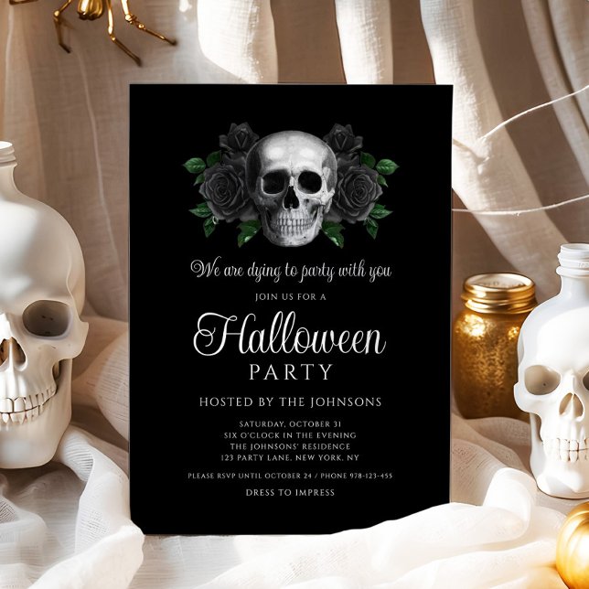 Gothic Black Floral Skull Halloween Invitation (Gothic Black Floral Skull Halloween Invitation)