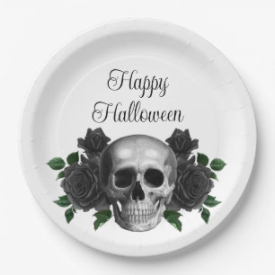 Gothic Black Floral Skull Halloween Paper Plate