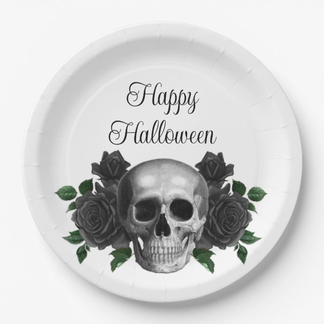 Gothic Black Floral Skull Halloween Paper Plate (Front)
