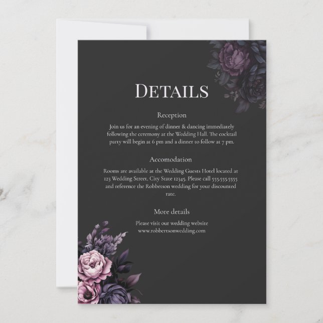 Gothic Black Floral Wedding Details Card (Front)