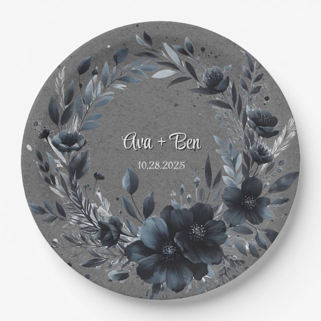 Gothic Black Floral Wedding Paper Plate (Front)