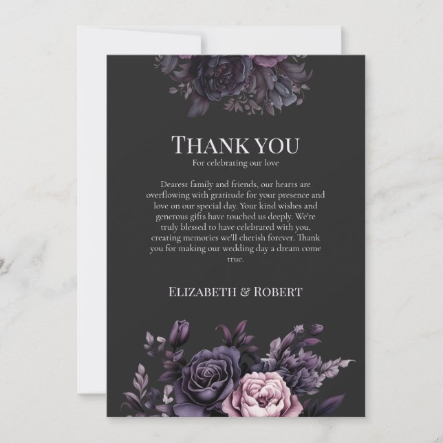 Gothic Black Floral Wedding Thank You Card (Front)