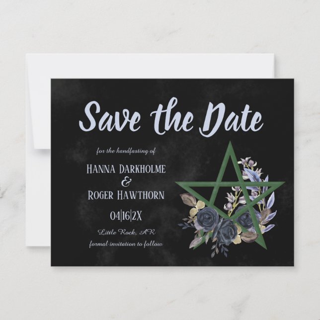 Gothic Black Floral Wicca Pentacle Save the Date (Front)