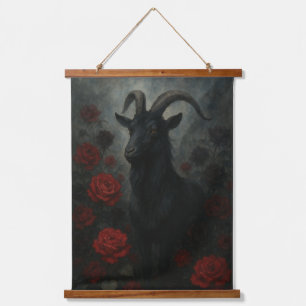 Gothic Black Goat with Red Roses Dark Art Hanging Tapestry