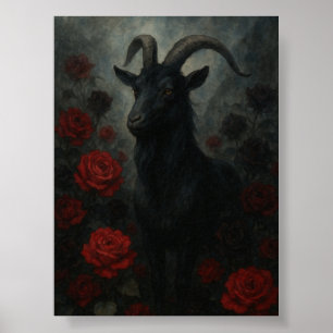 Gothic Black Goat with Red Roses Dark Art Poster