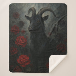 Gothic Black Goat with Red Roses Dark Art Sherpa Blanket