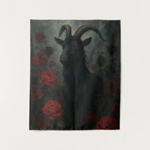 Gothic Black Goat with Red Roses Dark Art Tapestry