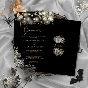 Gothic Black Gold Floral Lights Rehearsal Dinner Invitation
