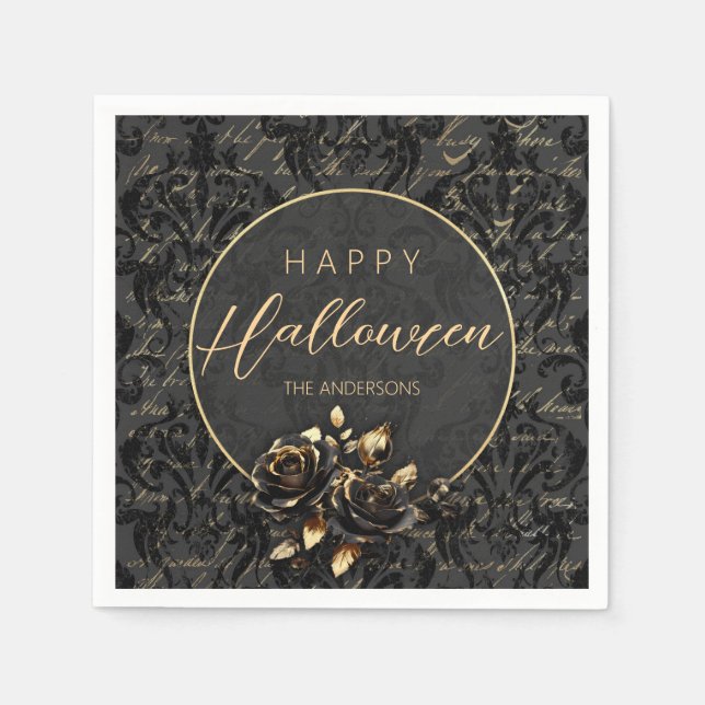 Gothic black gold rose damask elegant Halloween Napkin (Front)