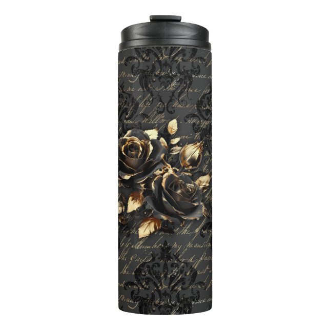Gothic black gold rose damask elegant thermal tumbler (Front)