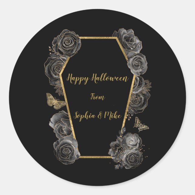 Gothic Black & Gold Roses Coffin Halloween  Classic Round Sticker (Front)