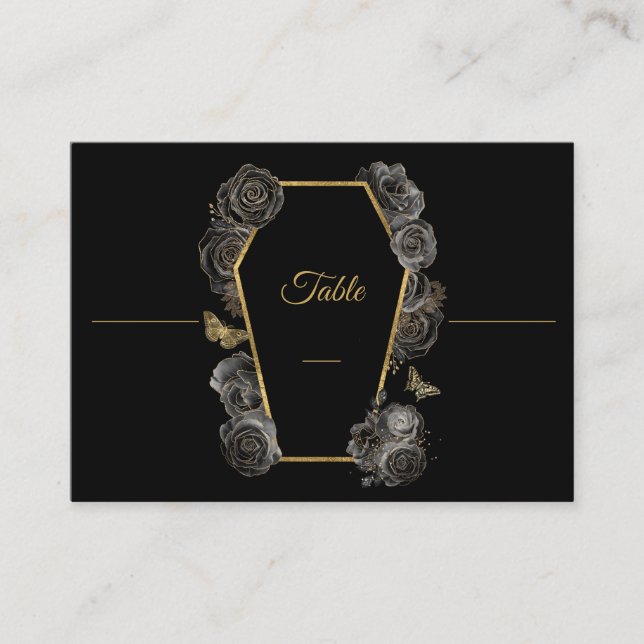 Gothic Black & Gold Roses Coffin Wedding Flat Place Card (Front)