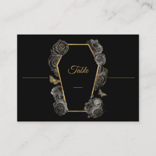 Gothic Black & Gold Roses Coffin Wedding Flat Place Card