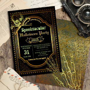 Gothic Black & Gold Skull Halloween Costume Party Invitation