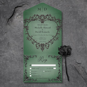 Gothic Black & Green Filigree Heart Dinner All In One Invitation