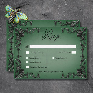 Gothic Black & Green Filigree Heart Dinner RSVP Card