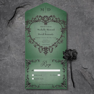 Gothic Black & Green Filigree Heart No Dinner All In One Invitation