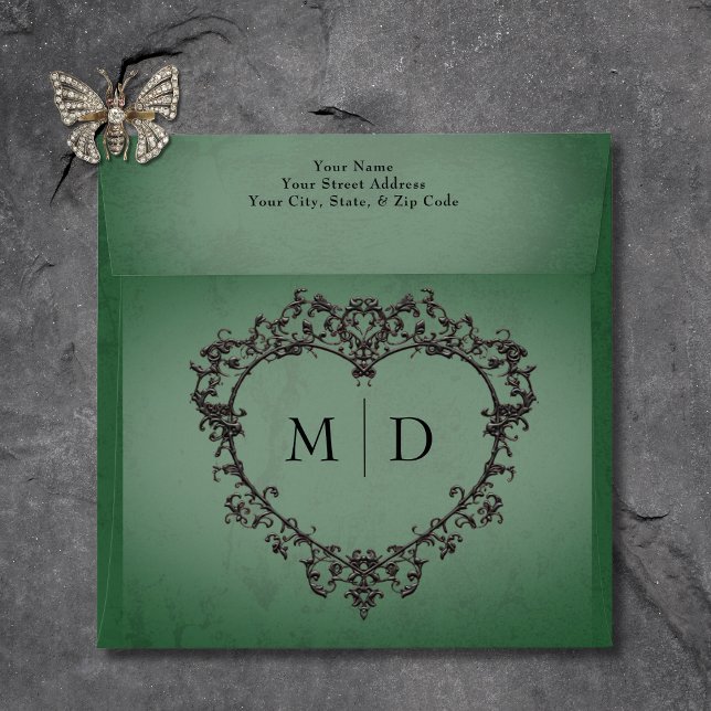 Gothic Black & Green Filigree Heart Wedding Envelope (Gothic Black & Green Filigree Heart Wedding Envelope)