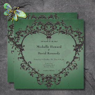 Gothic Black & Green Filigree Heart Wedding Invitation
